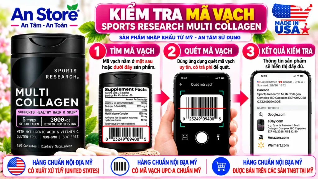 Sports Research Multi Collagen Do An Store Cung Cấp Luôn Có Xuất Xứ Mỹ Và Mã Vạch UPC-A Chuẩn Mỹ