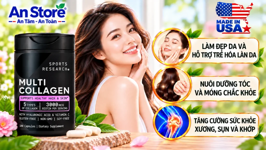Viên Uống Multi Collagen Sports Research 180 Viên Của Mỹ Chuẩn Nội Địa